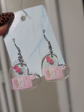 Clear Heart Resin Earrings with Pink Strawberry Milk Charm